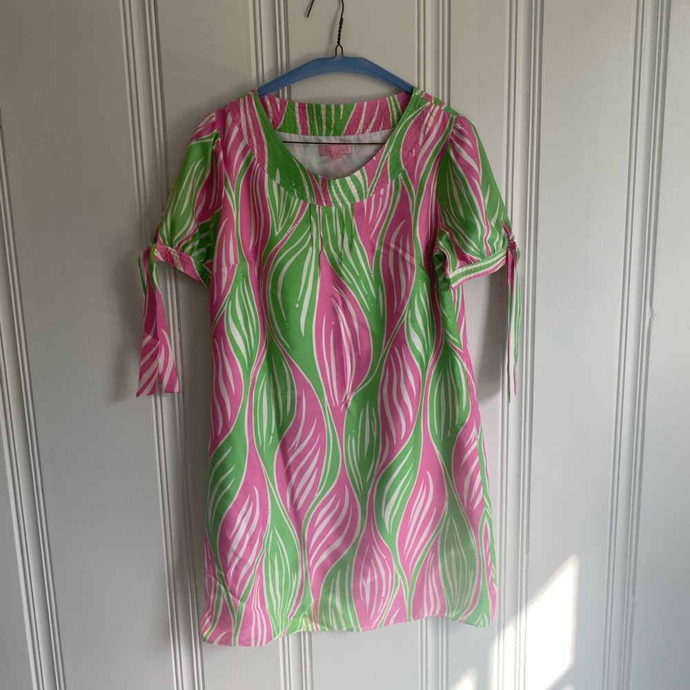 Lilly Pulitzer Silk Pretty in Pink & Green Dress. With gold metallic threads 2